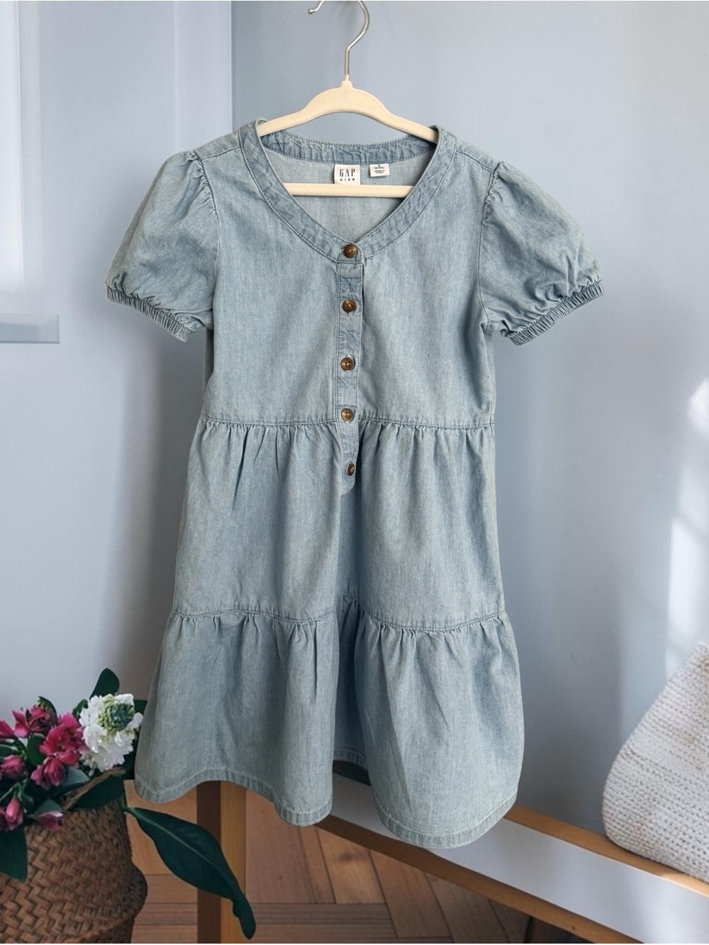 GAP Light Blue Denim Tiered Button-Front Kids Dress